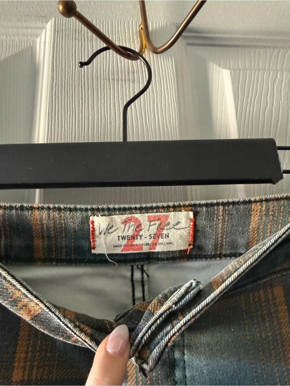 Free People Blue Plaid Wide Leg Flare Jeans - Picture 2 of 4